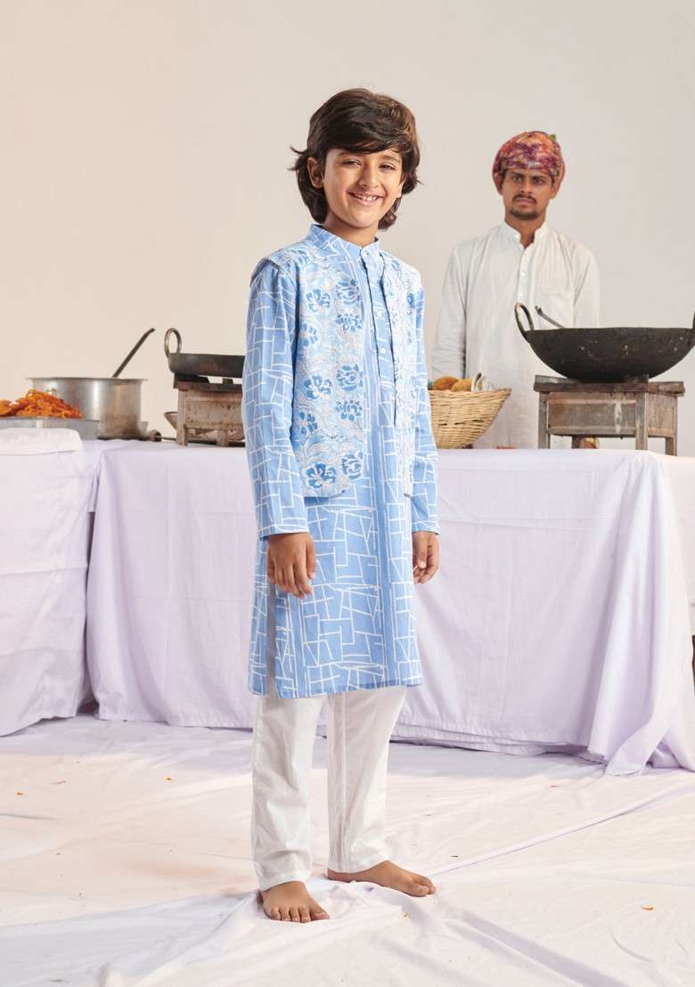 Blue Printed Cotton Kurta With Pants (Set of 2) - Indya
