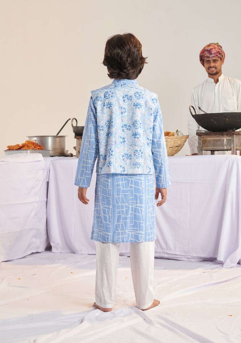 Blue Printed Cotton Kurta With Pants (Set of 2) - Indya