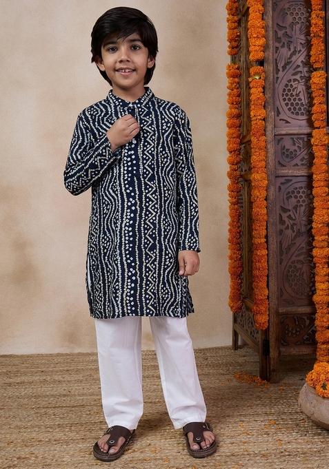 Blue Printed Cotton Blend Kurta With Pants (Set of 2)