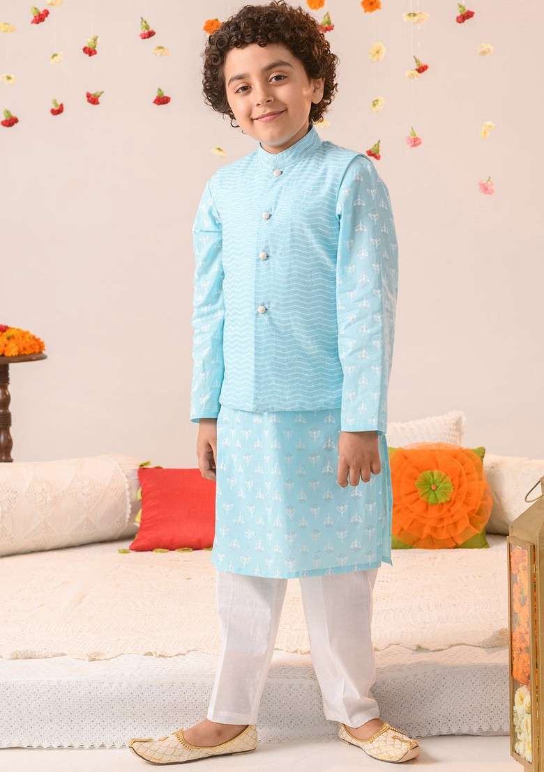Blue Printed Cotton Kurta With Pants (Set of 2) - Indya