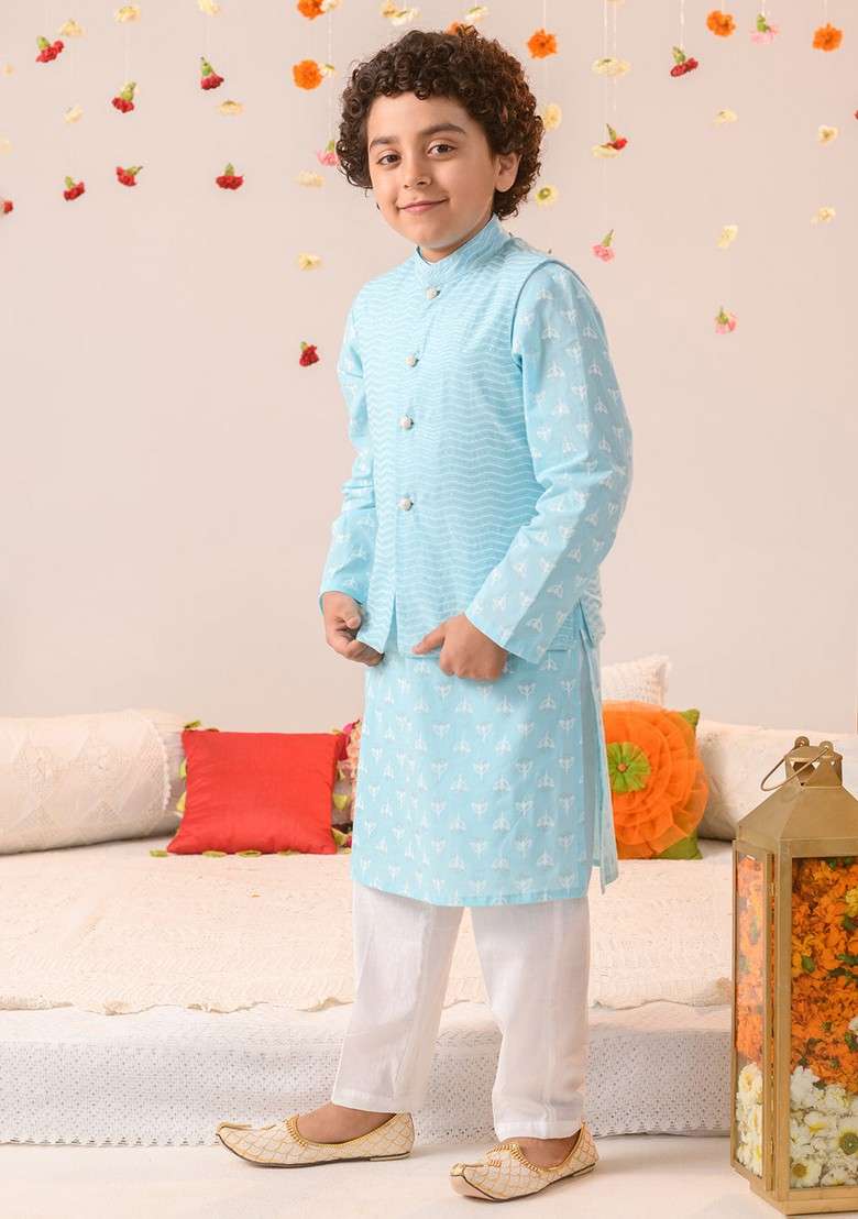 Blue Printed Cotton Kurta With Pants (Set of 2) - Indya