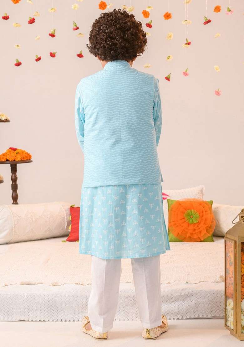 Blue Printed Cotton Kurta With Pants (Set of 2) - Indya