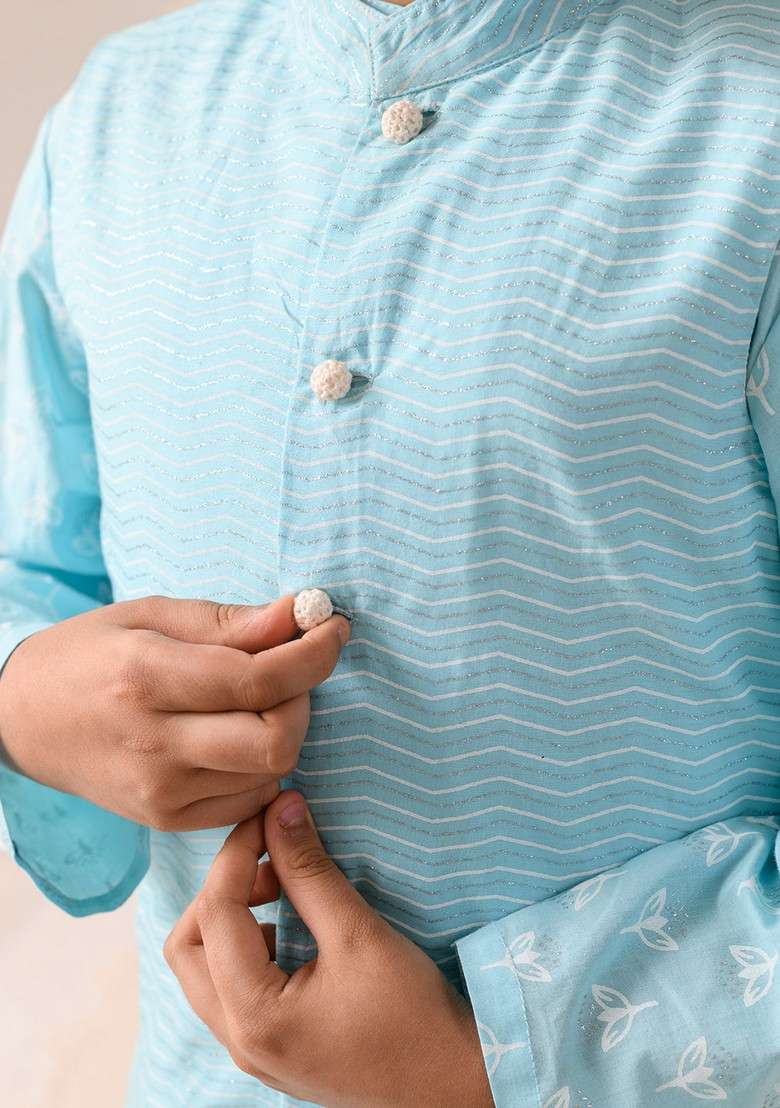 Blue Printed Cotton Kurta With Pants (Set of 2) - Indya