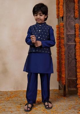 Blue Printed Jacket With Kurta And Pyjama (Set of 3)