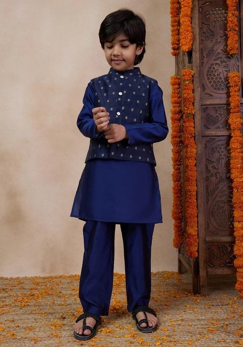 Blue Printed Jacket With Kurta And Pyjama (Set of 3)