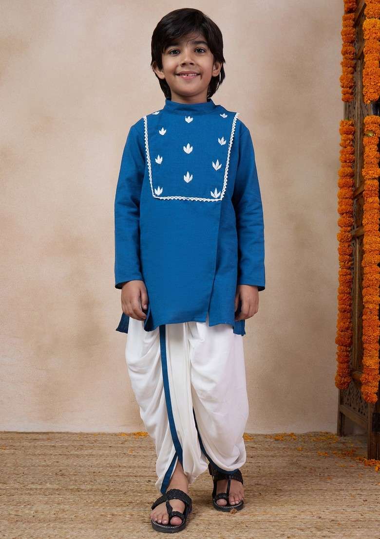 Blue Embroidered Kurta With Dhoti Pants (Set of 2) - Indya