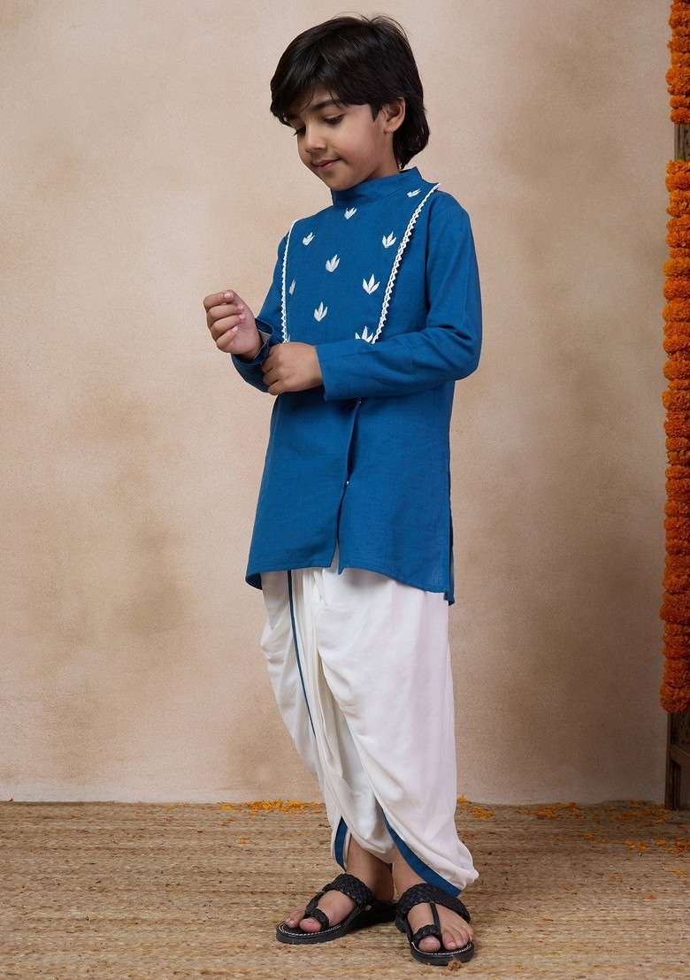Blue Embroidered Kurta With Dhoti Pants (Set of 2) - Indya