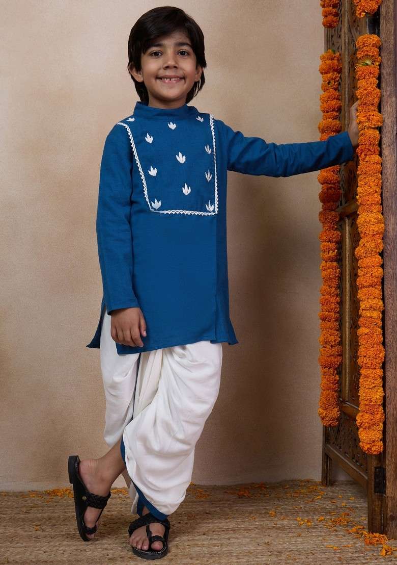 Blue Embroidered Kurta With Dhoti Pants (Set of 2) - Indya