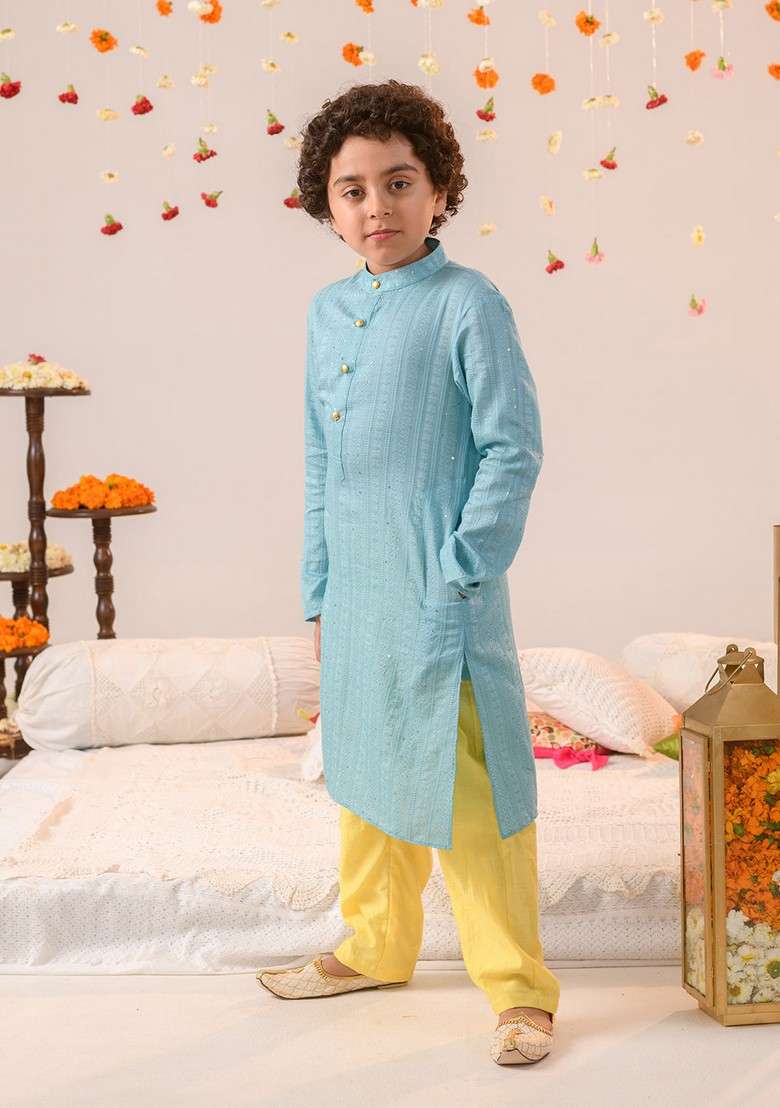 Blue Printed Cotton Kurta With Pants (Set of 2) - Indya
