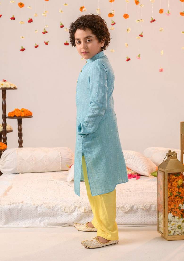 Blue Printed Cotton Kurta With Pants (Set of 2) - Indya