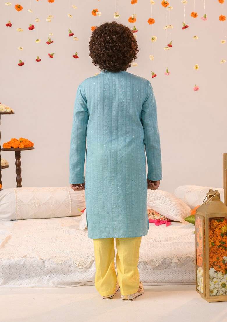 Blue Printed Cotton Kurta With Pants (Set of 2) - Indya
