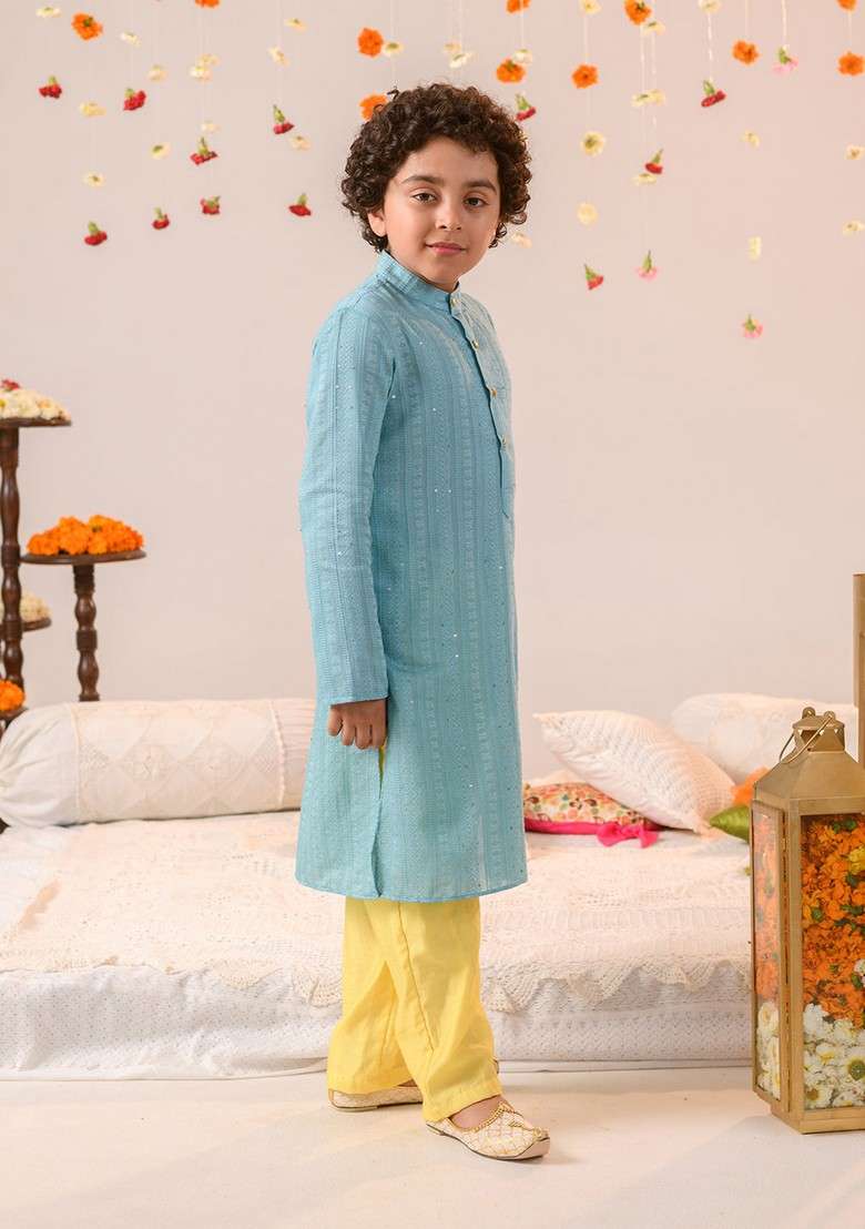 Blue Printed Cotton Kurta With Pants (Set of 2) - Indya