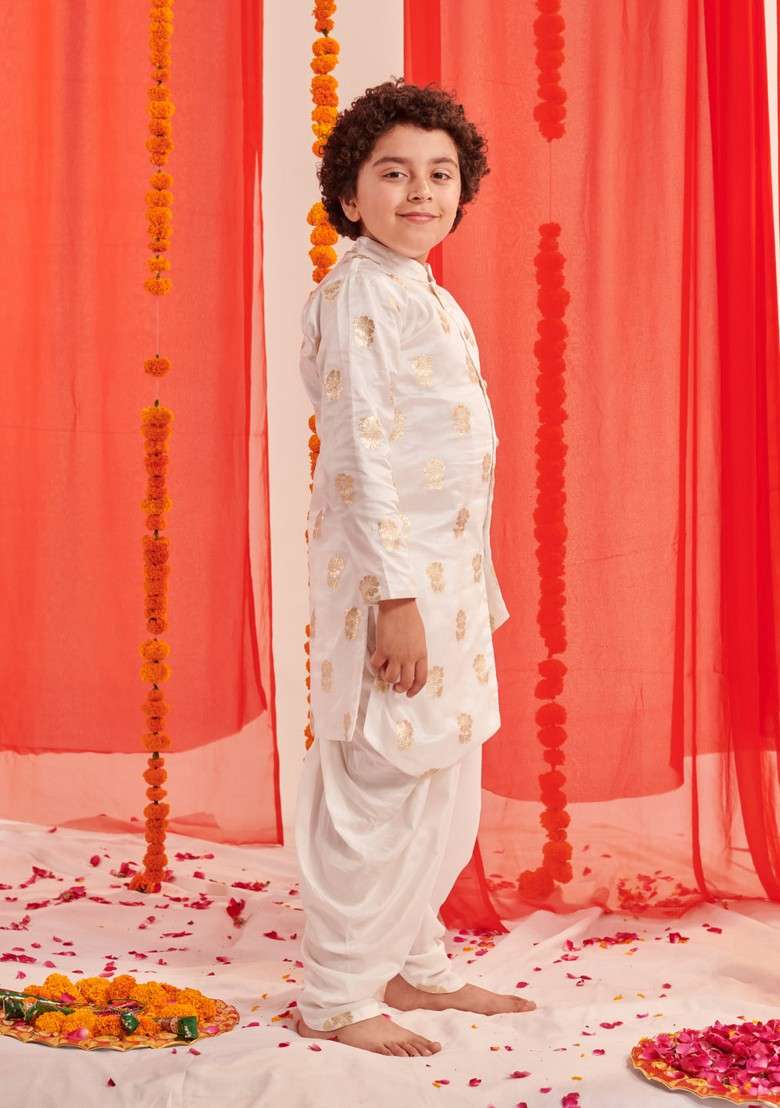 White Printed Kurta With Dhoti Pants (Set of 2) - Indya