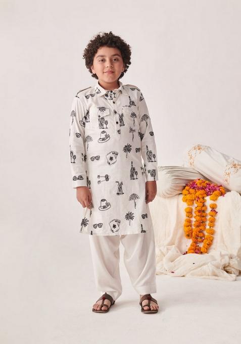 White Printed Kurta With Pants (Set of 2)