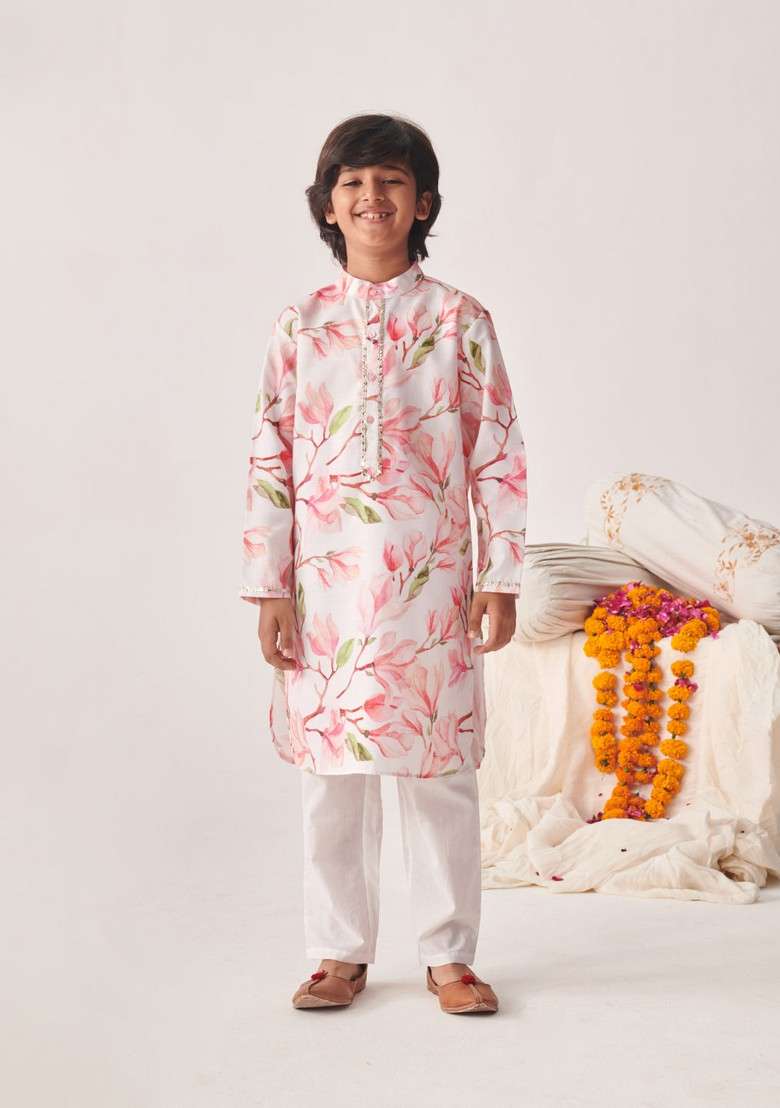 Pink Printed Cotton Kurta With Pants (Set of 2) - Indya