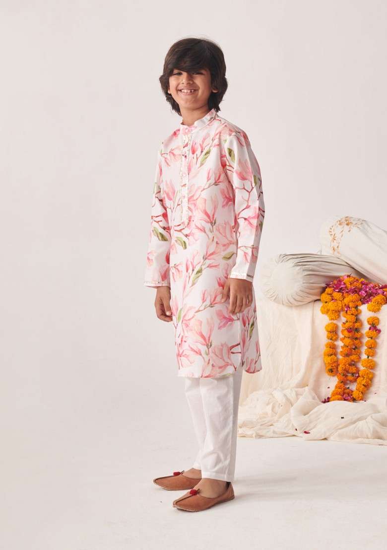 Pink Printed Cotton Kurta With Pants (Set of 2) - Indya