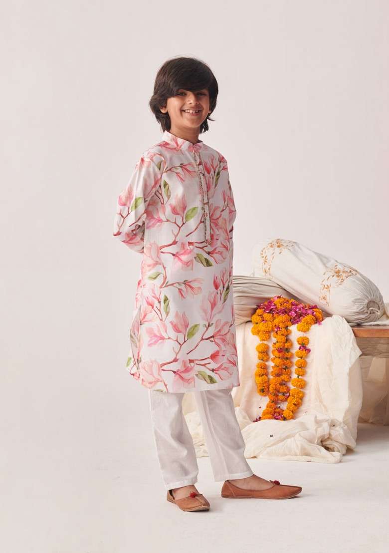 Pink Printed Cotton Kurta With Pants (Set of 2) - Indya