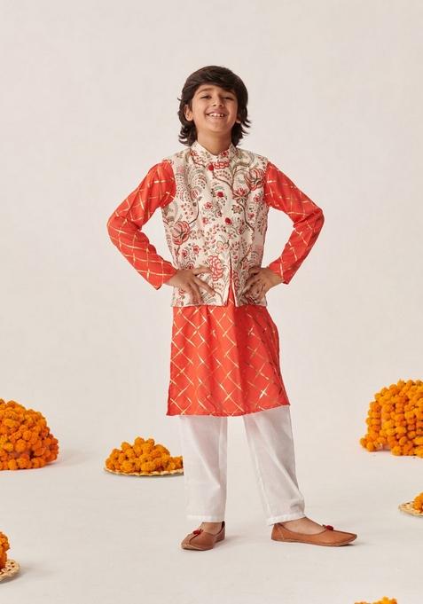 Orange Printed Kurta With Pants (Set of 2)