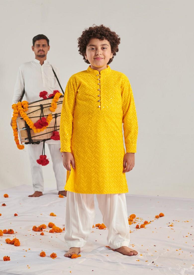 Yellow Embroidered Kurta With Pants (Set of 2)