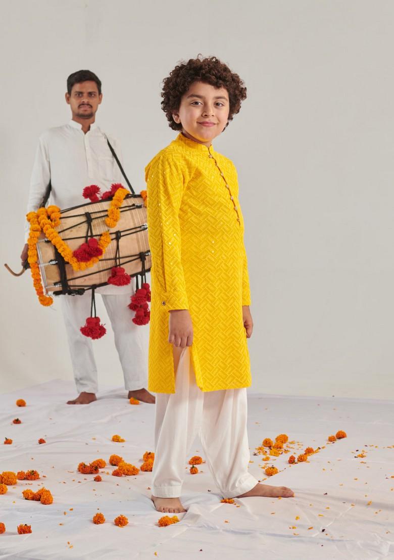 Yellow Embroidered Kurta With Pants (Set of 2)