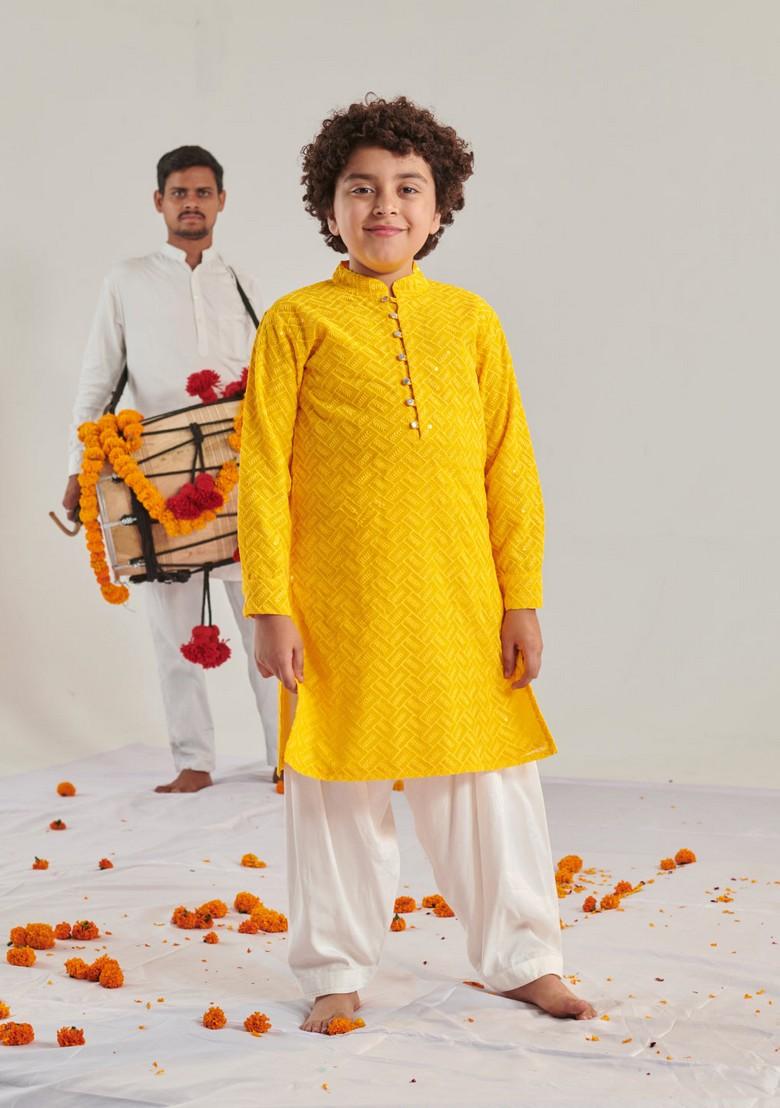 Yellow Embroidered Kurta With Pants (Set of 2)
