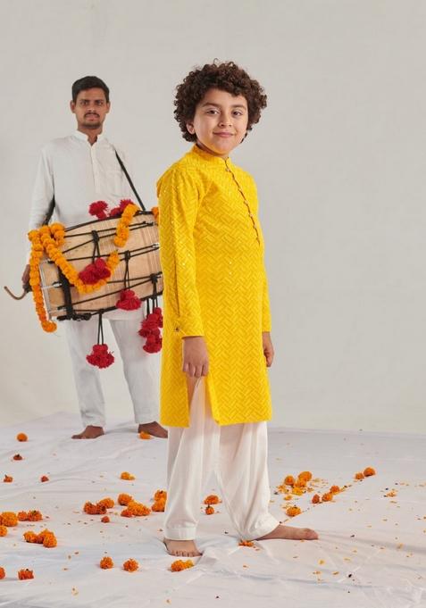 Yellow Embroidered Kurta With Pants (Set of 2)