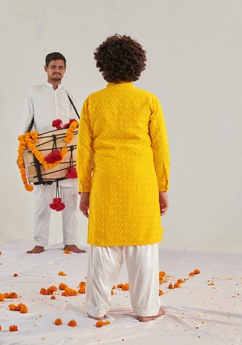 Yellow Embroidered Kurta With Pants (Set of 2)