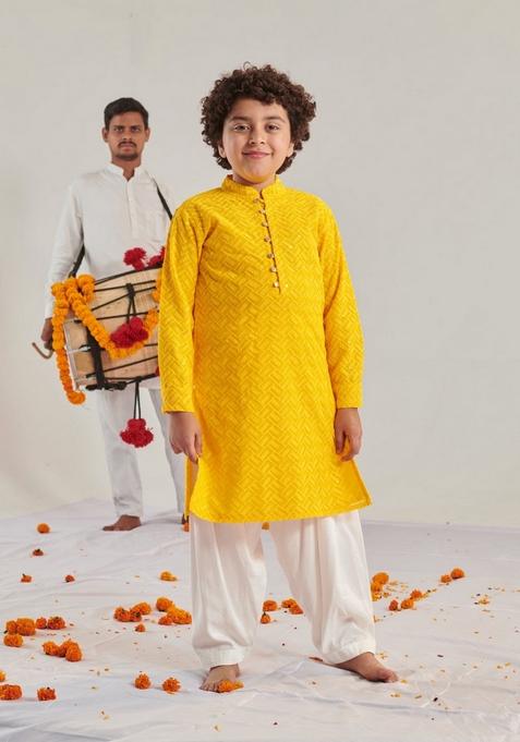 Yellow Embroidered Kurta With Pants (Set of 2)