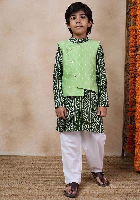 Green Printed Jacket With Kurta And Pyjama (Set of 3)