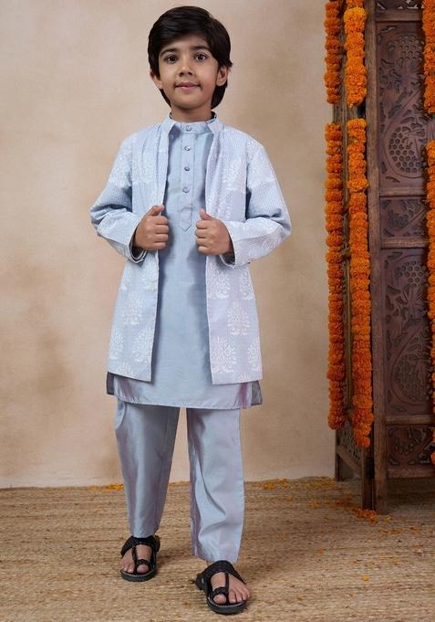 Grey Printed Jacket With Kurta And Pyjama (Set of 3)