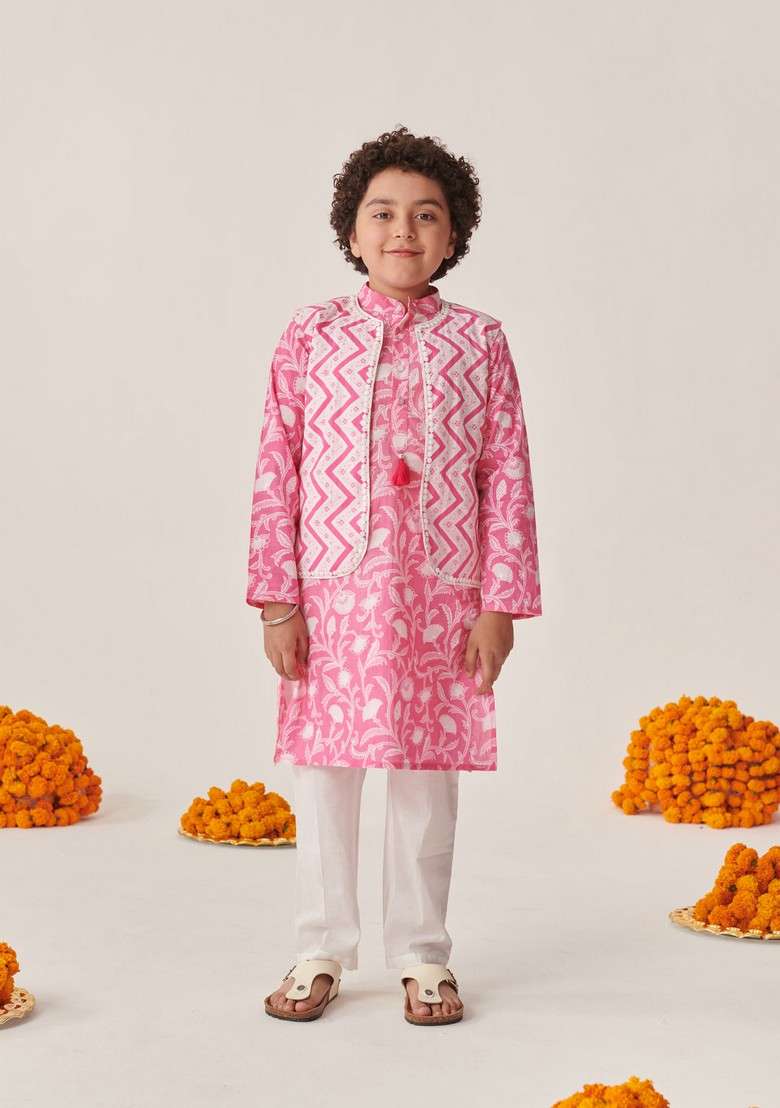 Pink Printed Cotton Kurta With Pants (Set of 2) - Indya