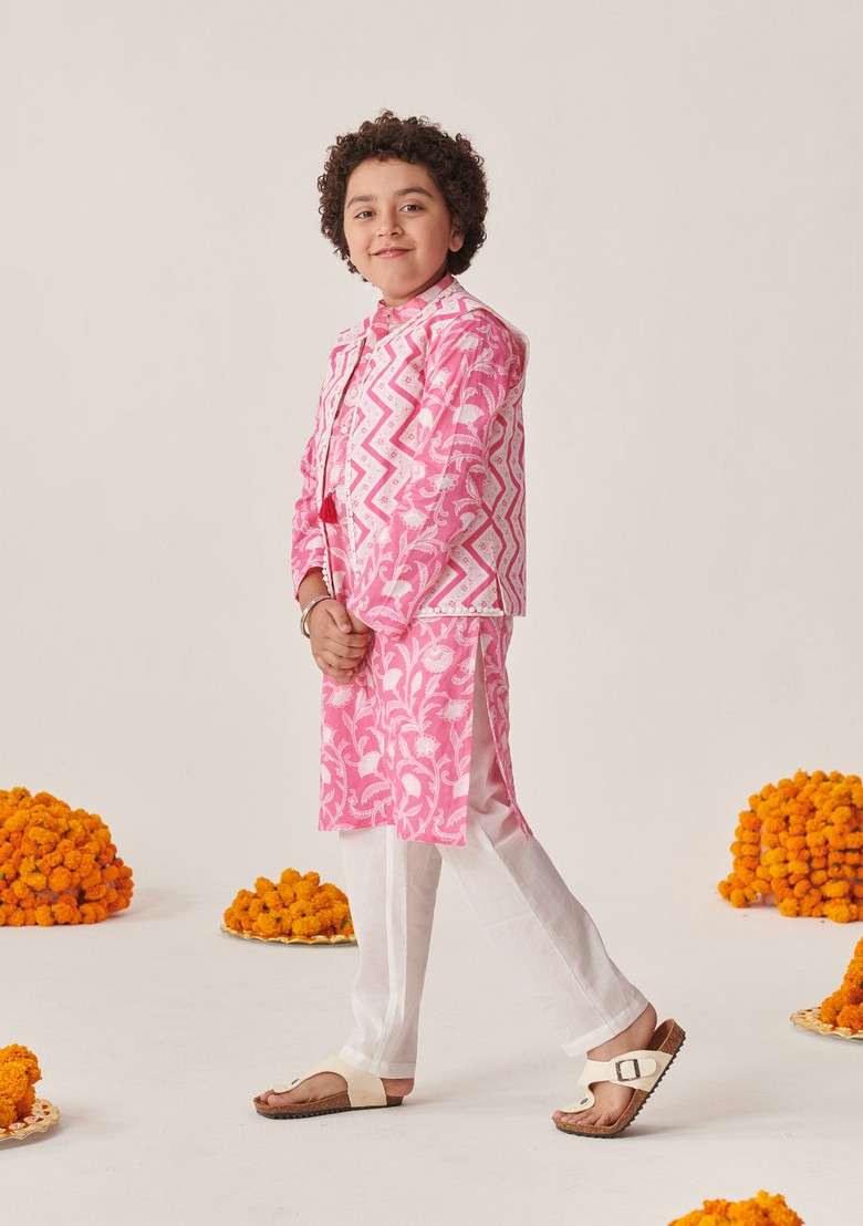 Pink Printed Cotton Kurta With Pants (Set of 2) - Indya