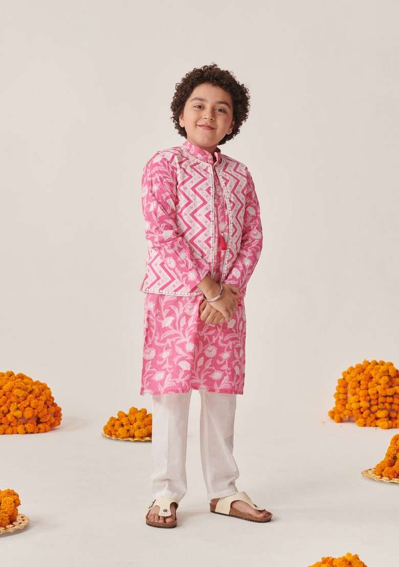 Pink Printed Cotton Kurta With Pants (Set of 2) - Indya