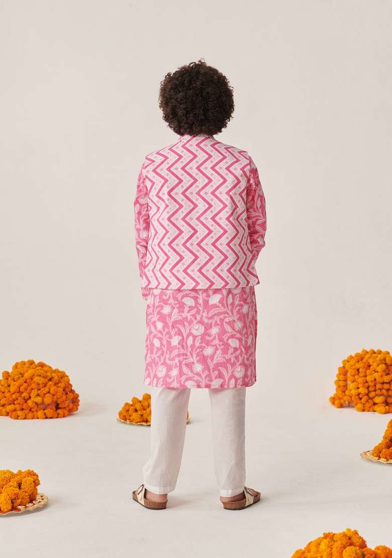 Pink Printed Cotton Kurta With Pants (Set of 2) - Indya