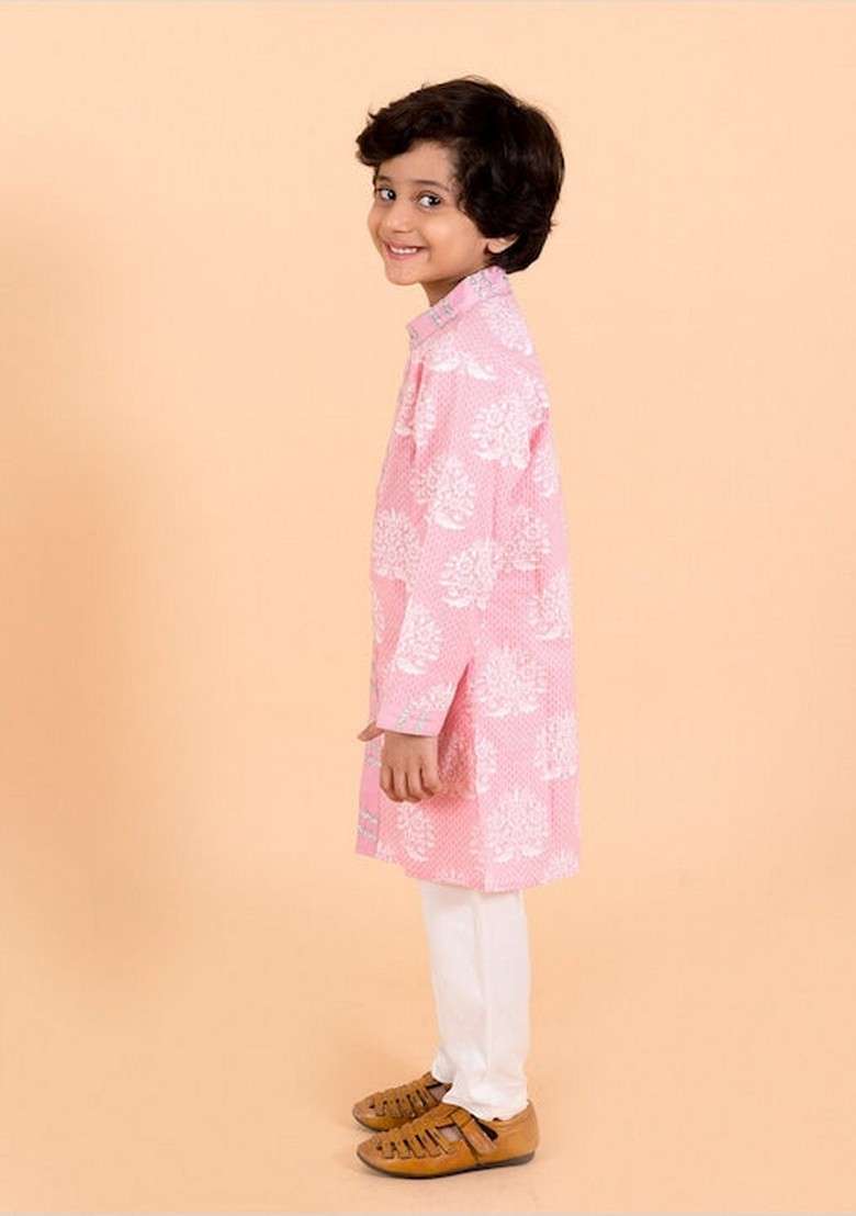Pink Printed Cotton Kurta With Pants (Set of 2) - Indya