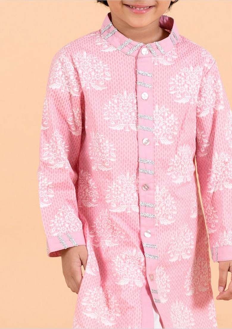 Pink Printed Cotton Kurta With Pants (Set of 2) - Indya