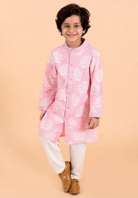 Pink Printed Cotton Kurta With Pants (Set of 2)