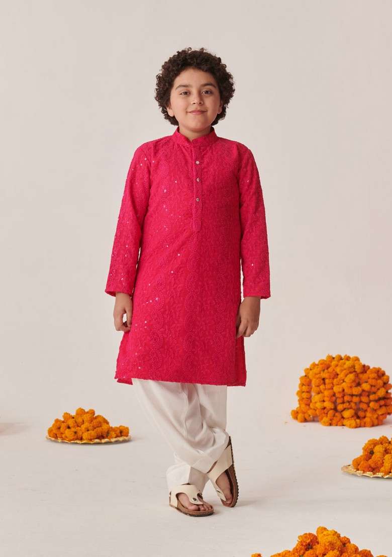 Magenta Embroidered Kurta With Pants (Set of 2) - Indya