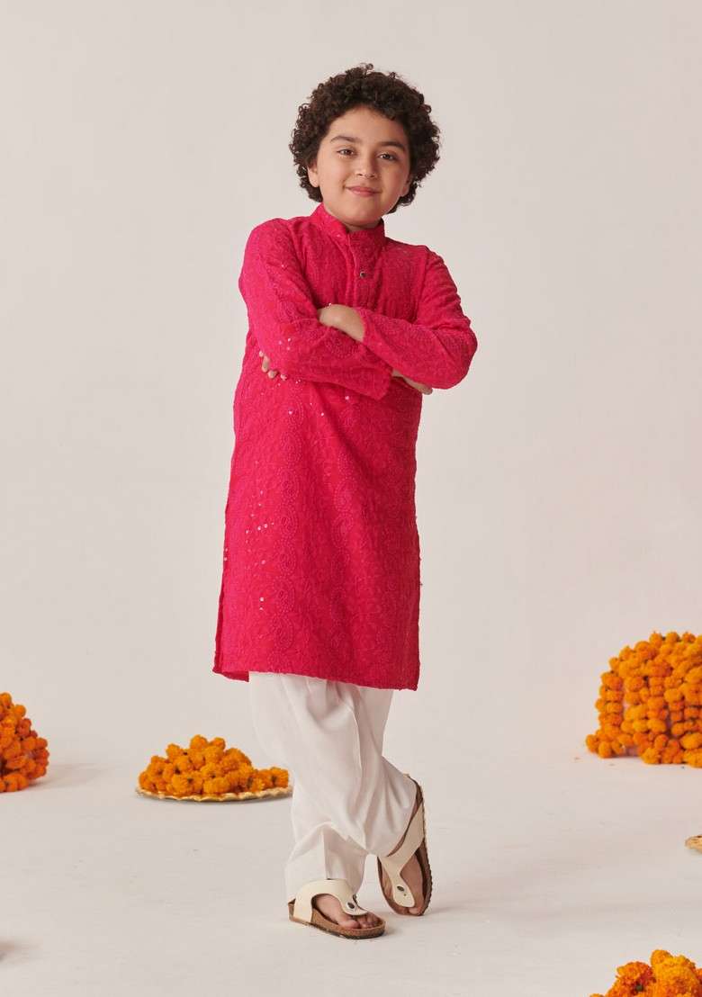 Magenta Embroidered Kurta With Pants (Set of 2) - Indya