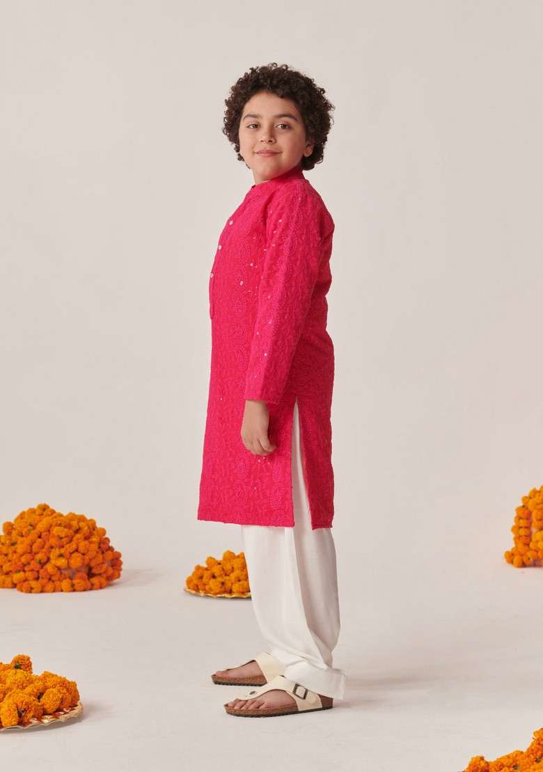 Magenta Embroidered Kurta With Pants (Set of 2) - Indya