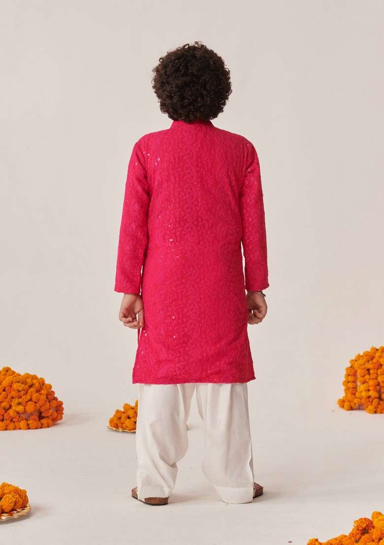 Magenta Embroidered Kurta With Pants (Set of 2) - Indya