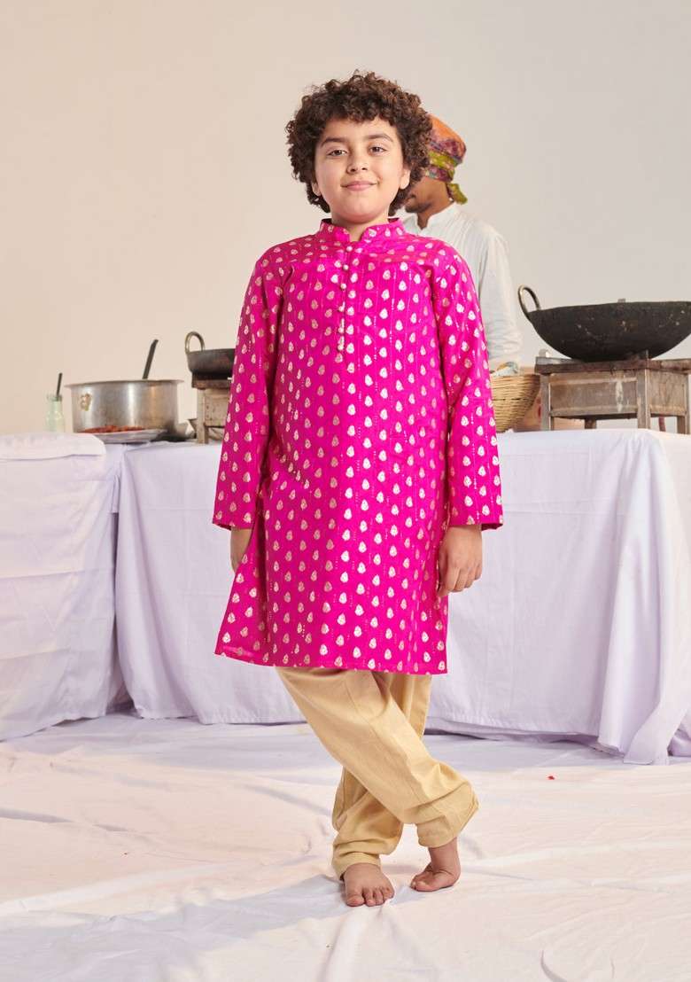 Magenta Printed Kurta With Pants (Set of 2) - Indya