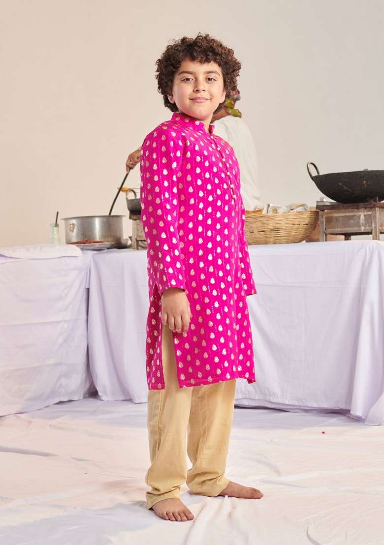 Magenta Printed Kurta With Pants (Set of 2) - Indya