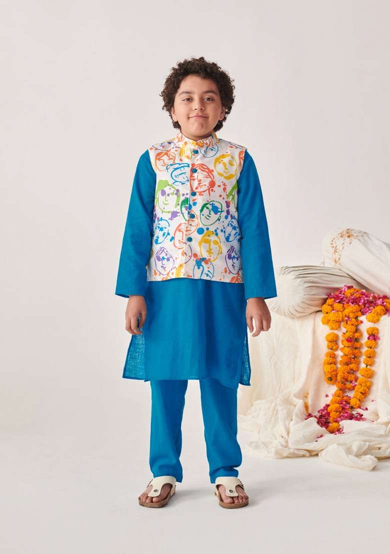 Blue Printed Cotton Kurta With Pants (Set of 2) - Indya