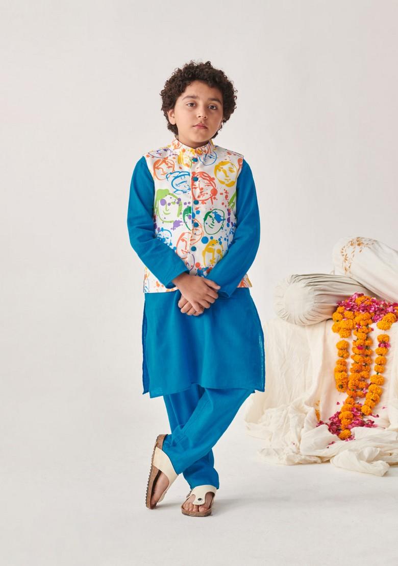 Blue Printed Cotton Kurta With Pants (Set of 2) - Indya