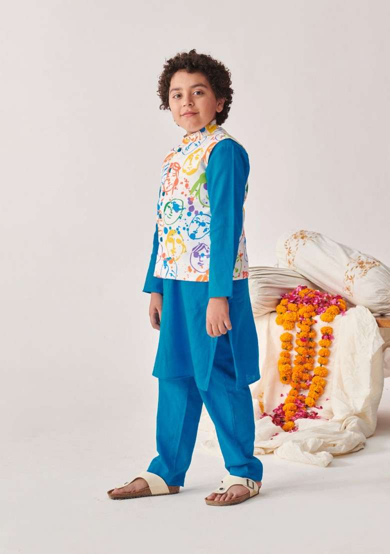 Blue Printed Cotton Kurta With Pants (Set of 2) - Indya