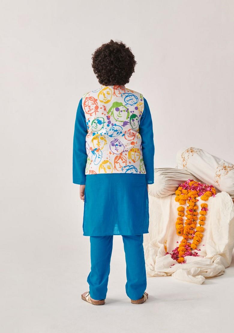 Blue Printed Cotton Kurta With Pants (Set of 2) - Indya