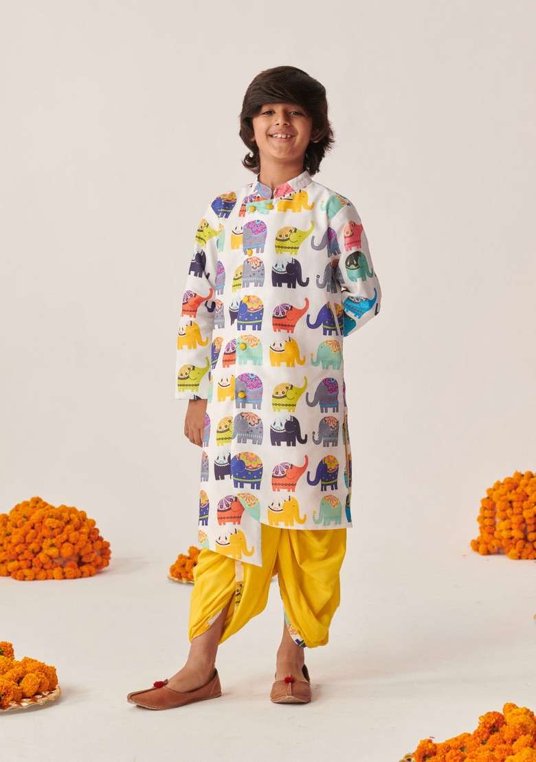 White Printed Kurta With Dhoti Pants (Set of 2) - Indya
