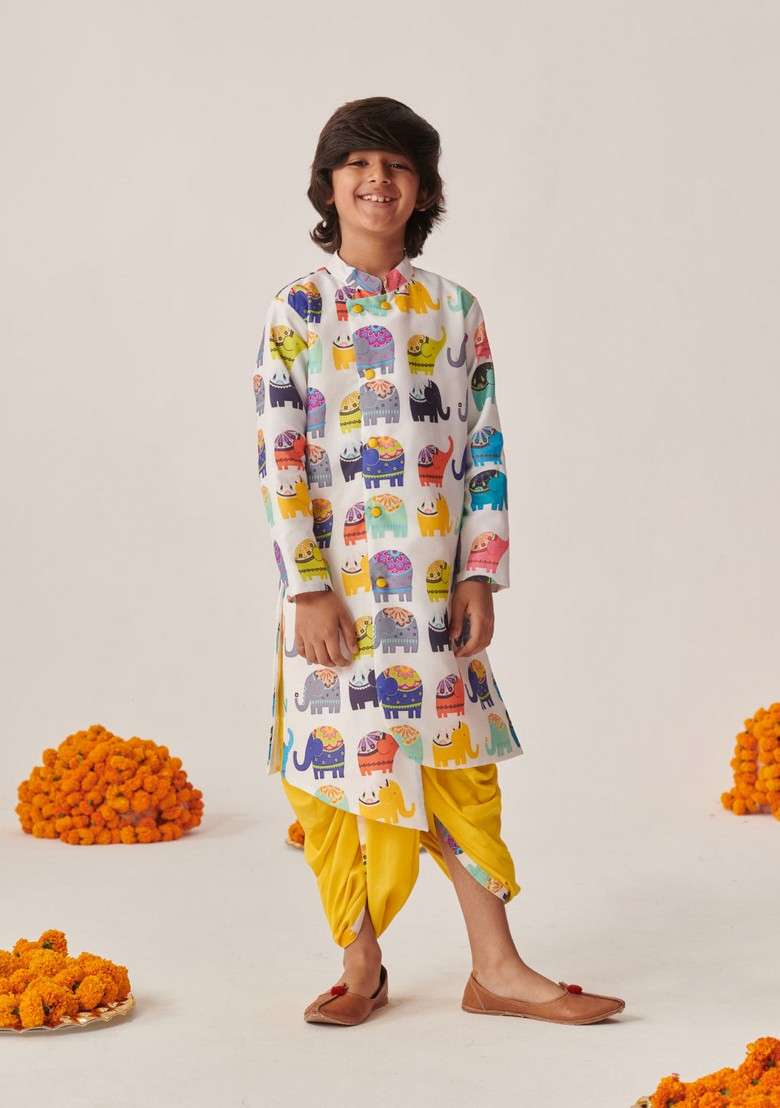 White Printed Kurta With Dhoti Pants (Set of 2) - Indya