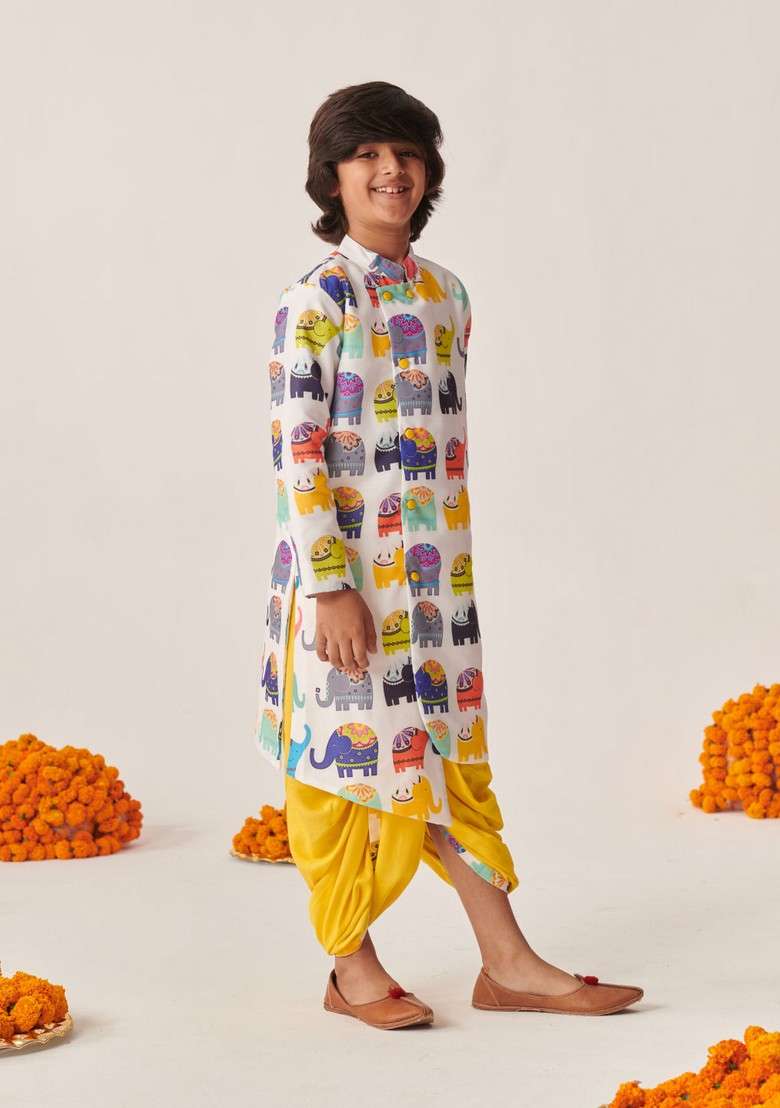 White Printed Kurta With Dhoti Pants (Set of 2) - Indya